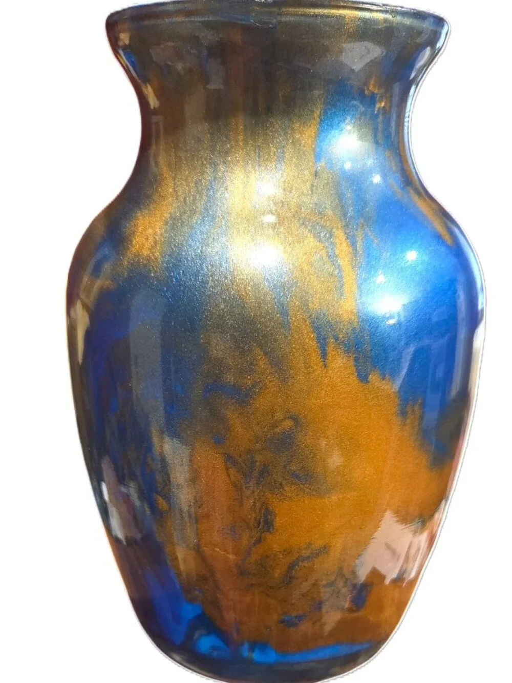 Abstract Fluid Art Glass 7 inch Vase in Metallic Blue Gold Copper, Handmade Art